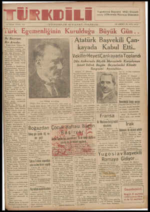 56 — CĞN — A A A — L K” — N —KUK G )BVJ33VWV . || mmASAL GAZETE ON BİRİNCİ YİL SAYIL t0i0 — Türk Egemenlıgının Kuruldugu Büyük Gün.. ğ'rîîğ';: B Ataturk Başvekili Çan- 