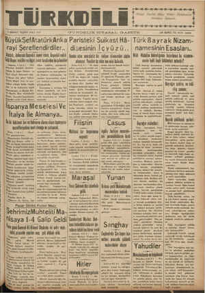     FTÜRKDİLİE 5 smıucı TEŞRİN SALI 4 uyu 1937 GUNDELIK S:IYASAL G-AZE'I'E yükŞefAtatürkAnkal Paristeki Suikast Hâ- rayi...