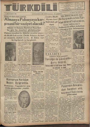    7 MAYISPAZAR 1939 Günün en büyük siyasi meselesi: TÜRKDİLİ Pazartanı G İmtiyaz Sahibi: Balıkesir MC’.Ö.'JS__U w,îa,“al.v