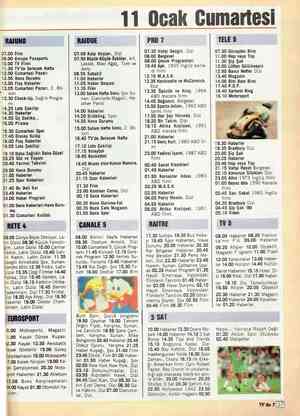  11 Ocak Gumartesi 07.00 Film 09.00 Avrupa Pasaportu 10.00 TV Filmi 11.30 TV'de Gelecek Hafta 12.00 Cumartesi Pazarı 12.55...