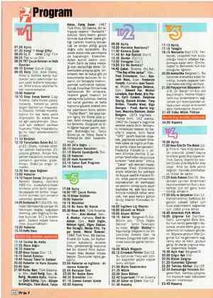  TEı.. ı' . 07.28 Açılış !Program Gürsu, Fatoş Sezer. 1987 Türk filmi, 92 dakika. Bir fa- hişeyle imamın “fantastik'' öyküsü.