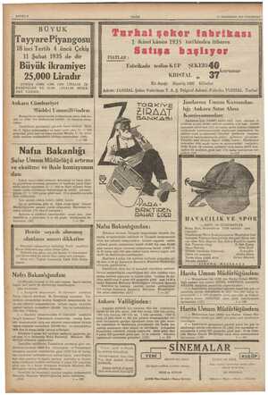  K "Tayyare Pıyangosu H 18 inci Tertib 4 üncü Çekış l1 Şubat 1935 de dir Büyük ikramiye: 25,000 Liradır l AYRICA 10.000,...