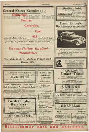  SAYIFA 6 ; HİLALİAHMER 18 MART 1935 PAZARTESL HELERE General Motors Mamülati: Öldsmobile, NSAENNEZZAZZZZE ZSSS Nurettin v...