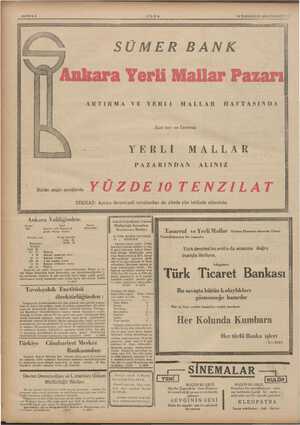      SAYIFA8 , ULUS 14 İLKKÂNUN 1935 CUMARTE“İ e TAE 3 Deri al SÜMER BANK Ankara Yerli Mallar Pazarı ARTIRMA VE YERLİ MALLAR