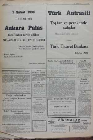    SAYIFA 8 1 Şubat 1936 M CUMARTESİ Yemek üç lira İçkiler: Tenzilatlı tarife Mevcut yerler 200 kişilikti Yer biletlerini...