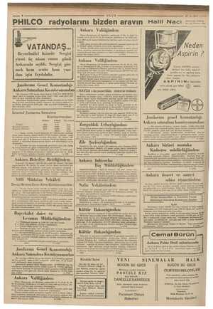    PHILCO radyolarını bizden arayın Halil Naci ULUS 27-4-1937 —— Anafürtalar Caddesi No: 111 Telefon. 1230 ee VATANDAŞ...