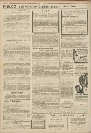    ULUS > —— 8 PHILCO radvolarını bizden aravın 16 -5-1937 —* : Halil Naci xi me Ankara Levazım pimi Satınalma Komisyonu İlânl