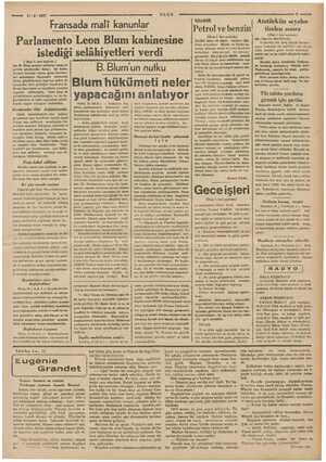    ULUS mam 17-6-1937 Fransada mali kanunlar Parlamento Leon Blum kabinesine istediği selâhiyetleri verdi B. Blum'un nutku...