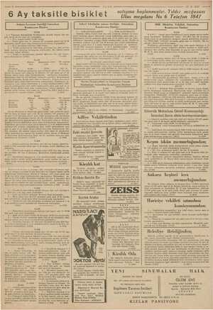  NE 6 Ay taksitle bisiklet U LUS 271.6-1937 ——*” satışına başlanmıştır. Yıldız mağazası Ulus meydanı No 6 Telefon 1847 Ankara