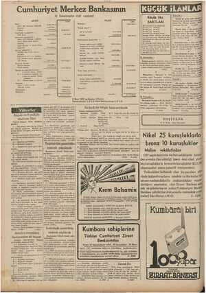    —10— ULU Cumhuriyet Merkez Bankasının 13 ikinciteşrin 1937 vaziyeti Küçük ilâ Kiralık : Kiralık üç odalı dairelef AKTIF...