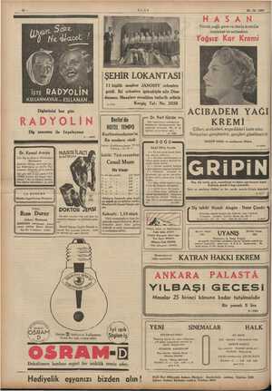        12 — ULUS 19 - 12. 1937 HASAN Yarım yağlı gece ve deniz kremile menekşe ve acıbadem Yağsız Kar Kremi i f f | ) ŞEHİR