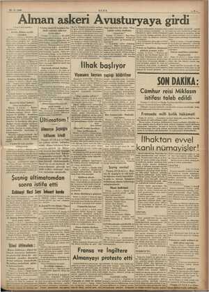  ŞEN 12.3.1938 Başı 1. inci sayfada ) an Berlin, haberi evvelâ Royter'in ikinci haberi: ! Almanya Şuşniğin istifasını istedi
