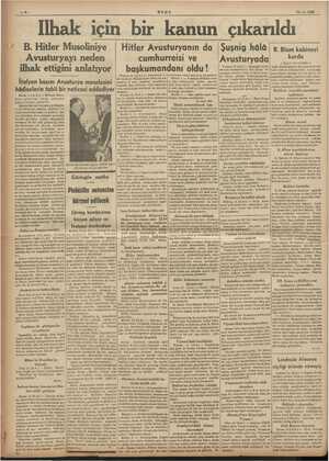       ULUS 14-3. 1938 > Ilhak için bir kanun çıkarıldı B. Hitler Musoliniye | Hitler Avusturyanın da | Şuşnig hâlâ | &. Blum
