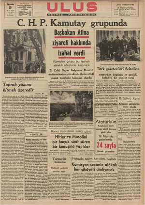   Perşembe 5 MAYIS 1938 8 KURUŞ Ulus Basımevi Çankırı caddeşi, Ankara Telgraf: Ulus . Ankara Başbakanımızla Dr. Aras'ın...