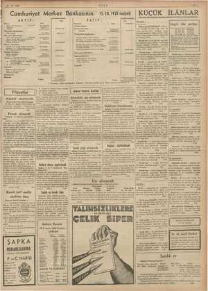    19 - 10 - 1938 Cümhuriyet Merkez Bankasının AKTİF: : Altın: Safi kilogram 17.157,977 Banknot Ufaklık Dahildeki Muhabirler £