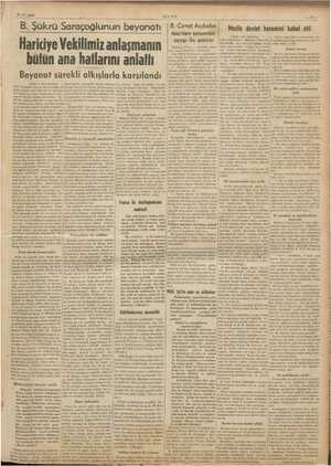  1-7.1939 ULUS yali B. Şükrü A a ye beyanatı | B. Cevat Açıkalın Hatay'lıların yurfseverliğini Hariciye Vekilimiz anlaşmanın