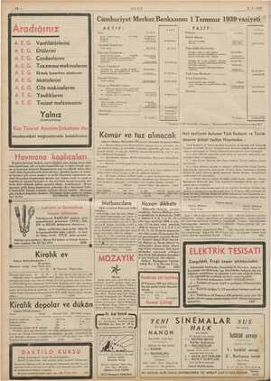    1 Ex i | ULUS 5.7-1939 > Vantilâtörlerini A.E.G. Ütülerini A.E.G. Çaydanlarını .E G. Tozemmemakinalarını Ekmek kızartma...
