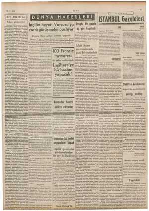    18.7.1939 ULUS RİYE : İSTANBUL Gazeteleri TAN VAKİT İngiltere Balkanları Danzig için harp olur mu? kurtarmağa çalışıyor...