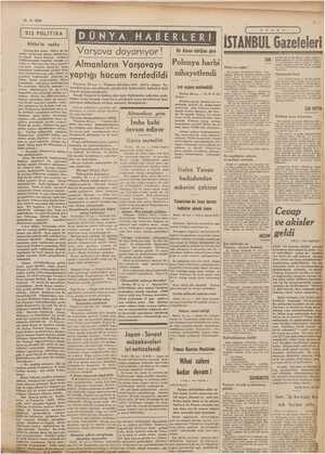    21-9. 1939 DIŞ POLİTİKA Hitler'in nutku İSTANBUL Bir Alman febliğine göre Varşova dayanıyor ! Gazeleleri Almanların...