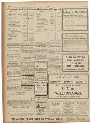    P Cümhuriyet Merkez Bankasının 4 İkinciteşrin 1939 vaziyeti ARTIR Lira Lira Altın: Safi kilogram 15.5001817 Biniet f...