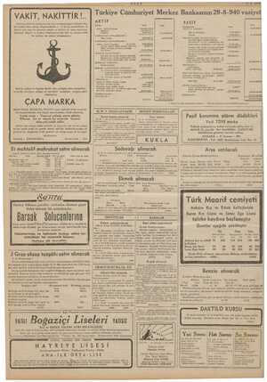    ee : : i . Ni VAK T, NAK İTTİR! Türkiye Cümhuriyet Merkez Bankasının 29-8-940 vaziyet ... i — " i ŞE A A: ” Lira Lira PASİF