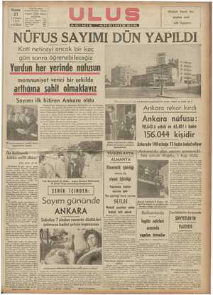  Pazarlesi 21 Telgraf: ULUS Ulus Bastmevi Çankırı Caddesi, Ankara Ankara TELEFON L TEŞRİN 1940 5 KURUŞ Başmuharrirtik...