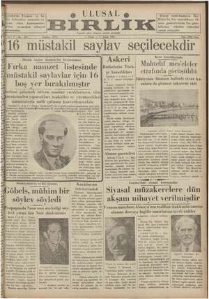 Ulusal Birlik (İzmir) Gazetesi 3 Şubat 1935 kapağı