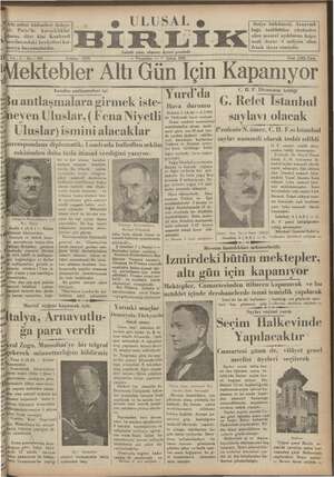 Ulusal Birlik (İzmir) Gazetesi 7 Şubat 1935 kapağı