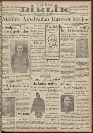Ulusal Birlik (İzmir) Gazetesi 20 Şubat 1935 kapağı