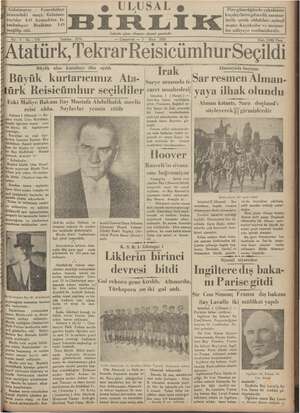 Ulusal Birlik (İzmir) Gazetesi 2 Mart 1935 kapağı