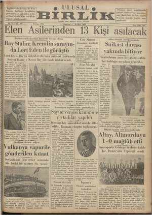 Ulusal Birlik (İzmir) Gazetesi 30 Mart 1935 kapağı