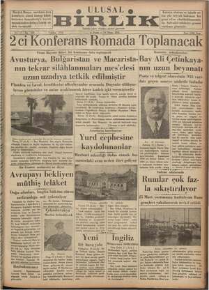 Ulusal Birlik (İzmir) Gazetesi 14 Nisan 1935 kapağı