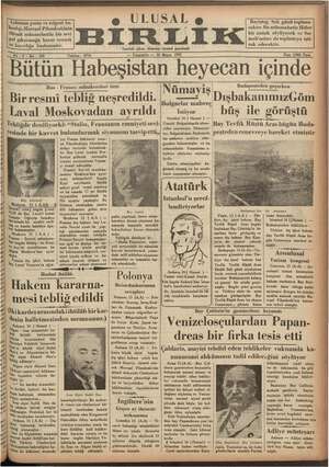 Ulusal Birlik (İzmir) Gazetesi 16 Mayıs 1935 kapağı