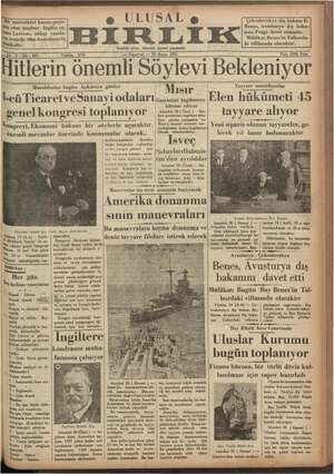 Ulusal Birlik (İzmir) Gazetesi 20 Mayıs 1935 kapağı