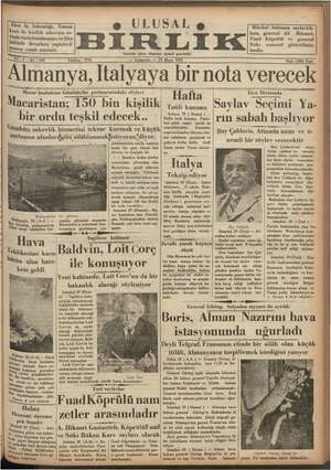 Ulusal Birlik (İzmir) Gazetesi 29 Mayıs 1935 kapağı