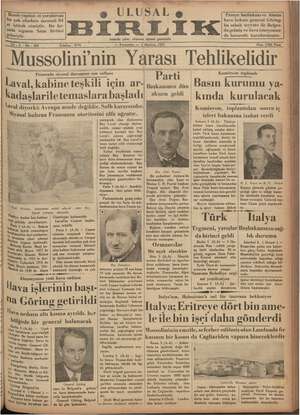 Ulusal Birlik (İzmir) Gazetesi 6 Haziran 1935 kapağı