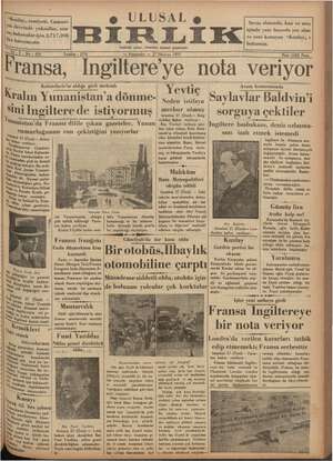 Ulusal Birlik (İzmir) Gazetesi 27 Haziran 1935 kapağı