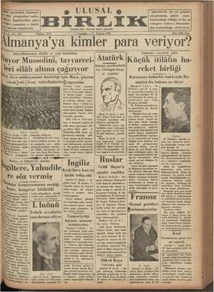 Ulusal Birlik (İzmir) Gazetesi 17 Temmuz 1935 kapağı