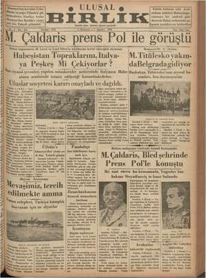 Ulusal Birlik (İzmir) Gazetesi 5 Ağustos 1935 kapağı