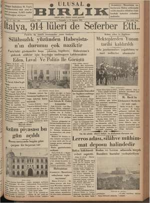 Ulusal Birlik (İzmir) Gazetesi 15 Ağustos 1935 kapağı