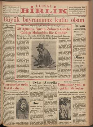 Ulusal Birlik (İzmir) Gazetesi 30 Ağustos 1935 kapağı