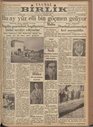 Ulusal Birlik (İzmir) Gazetesi 31 Ağustos 1935 kapağı