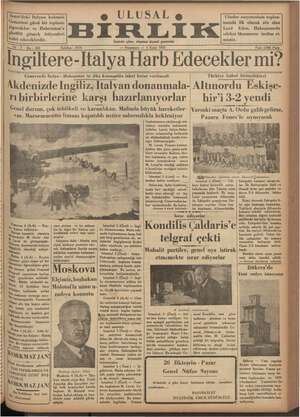 Ulusal Birlik (İzmir) Gazetesi 5 Eylül 1935 kapağı