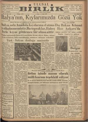 Ulusal Birlik (İzmir) Gazetesi 6 Eylül 1935 kapağı