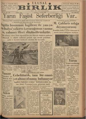 Ulusal Birlik (İzmir) Gazetesi 21 Eylül 1935 kapağı