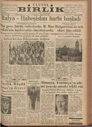 Ulusal Birlik (İzmir) Gazetesi 3 Ekim 1935 kapağı
