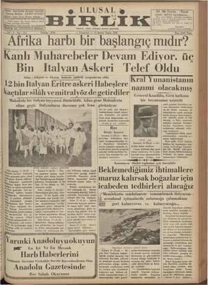 Ulusal Birlik (İzmir) Gazetesi 12 Ekim 1935 kapağı