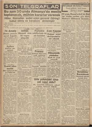  Sahife 4 “Bu ayın 3Ounda | Almanya'da meclis toplanacak, mühim kararlar verecek (Ulusal Birlik) İ Hitler, Romadan avdet eden