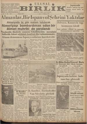 Ulusal Birlik (İzmir) Gazetesi 1 Haziran 1937 kapağı