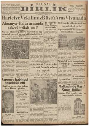 Ulusal Birlik (İzmir) Gazetesi 3 Haziran 1937 kapağı
